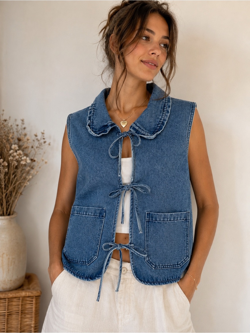 NWT Stoosh Vintage Denim Tie Front Vest Medium Cottagecore Western Chambray